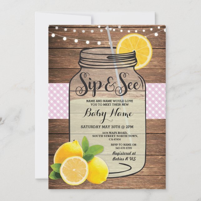 Sip and See Baby Shower Wood Rustic Rosa Inbjudan (Framsida)