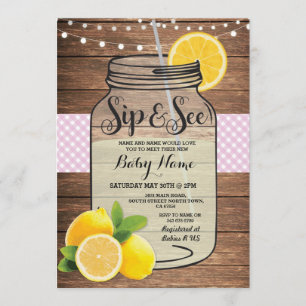 Sip and See Baby Shower Wood Rustic Rosa Inbjudan