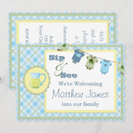 Sip and See Blue Gingham Bunting Baby Shower Inbjudningar