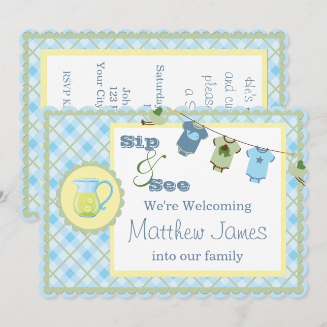 Sip and See Blue Gingham Bunting Baby Shower Inbjudningar (Fram/baksida)