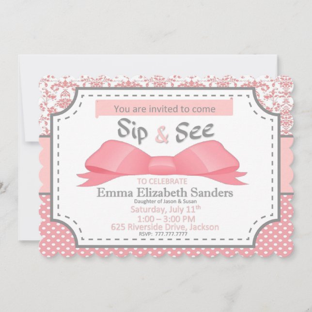 Sip and See for Girl Baby med Bow Rosa and Grått (Framsida)