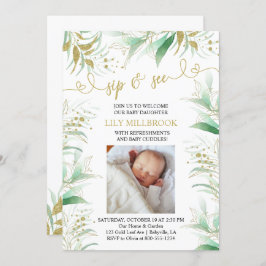 Sip and See Greenery Grönt and Guld Elegant Inbjudningar
