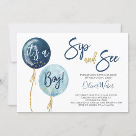 Sip and See navy blue ballonger babyduschpojke Inv Inbjudningar