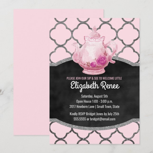 Sip and See Nyfödd bebis Girl Welcome Tekanna Inbj Inbjudningar (Fram/baksida)