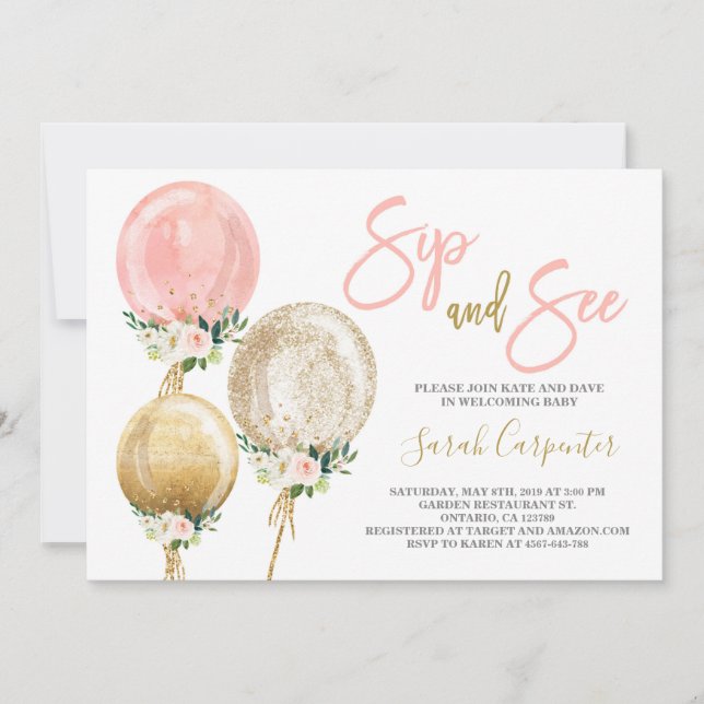 Sip and See rosa ballonger Baby dusch Girl Inbjudningar (Framsida)