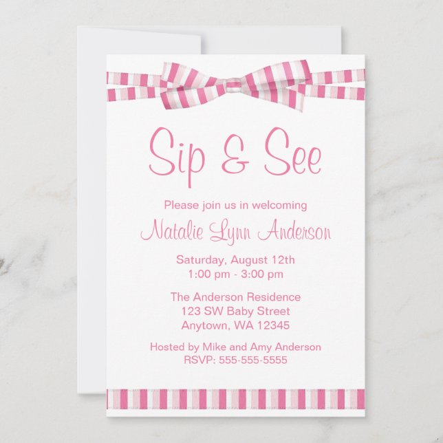 Sip and See Rosa Rand Ribbon Bow Inbjudningar (Framsida)
