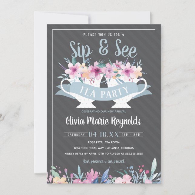 Sip and See Tea Party Baby Shower-inbjudan Inbjudningar (Framsida)