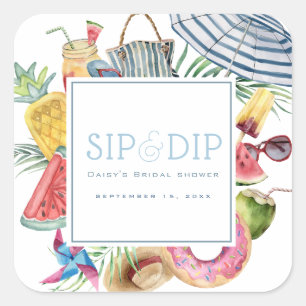 Sip & Dip Pool Party Paraply Blå Bröllopsfest Fyrkantigt Klistermärke