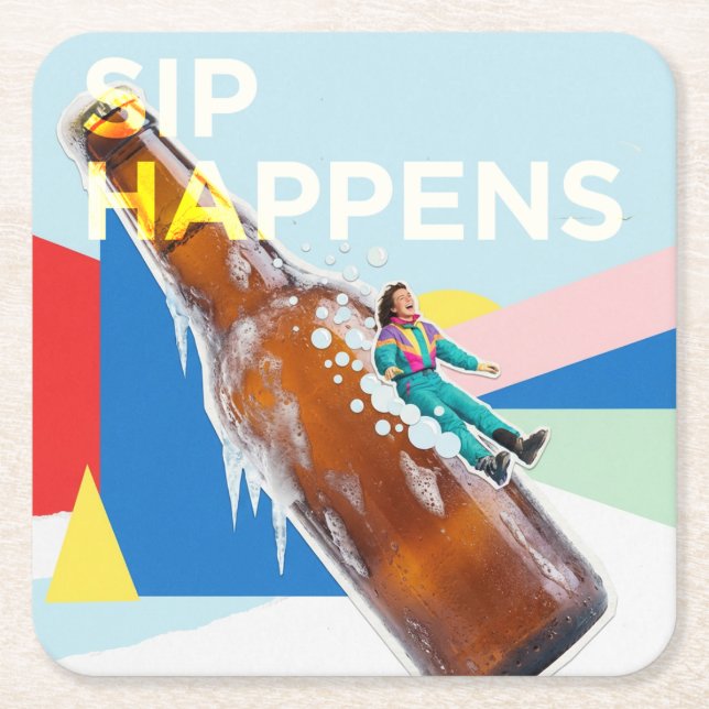 Sip Happens Fun Retro Coaster Underlägg Papper Kvadrat (Framsidan)