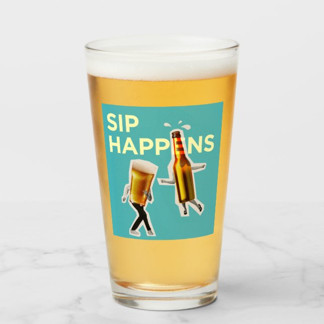 "Sip Happens" quirky and light-hearted Beer Glass Glaskopp (Framsida fylld)