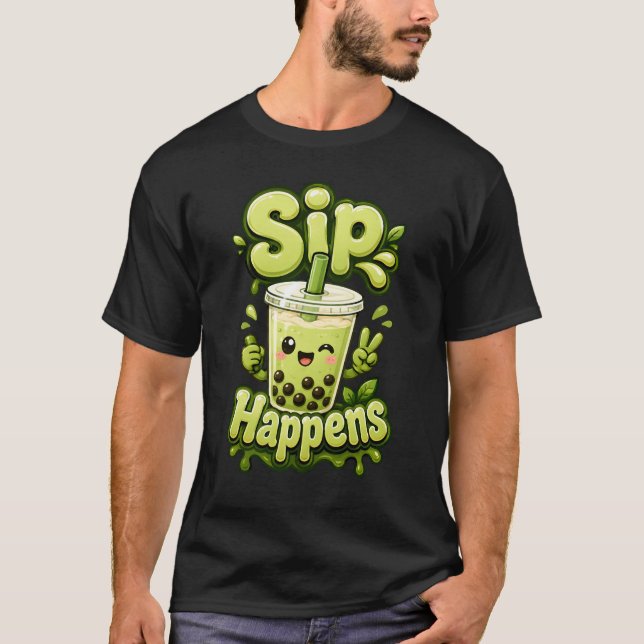 Sip Happens Söt Kawaii Boba Bubble Te T Shirt (Framsida)