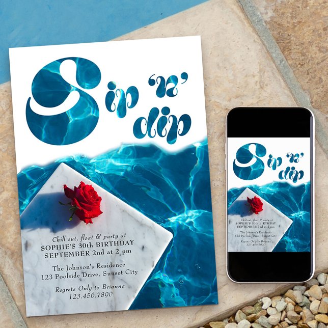 Sip n Dip Pool Party Groovy Typografi Sommar Inbjudningar (Sip n Dip Pool Party Invitation which you can customize for any age birthday or summer event)