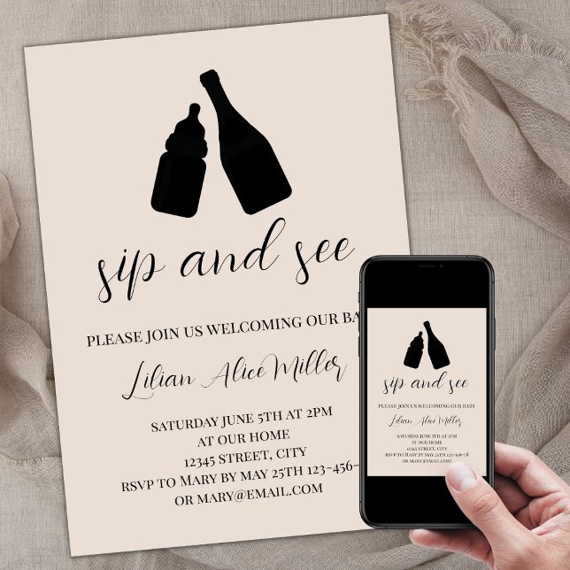 Sip och se minimalistisk modern bege babydusch inbjudningar (Sip and see invitation, gender neutral beige, baby bottle champagne silhouettes, minimalist elegant)