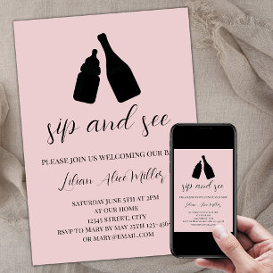 Sip och se minimalistiskt  Rosa babykläder Inbjudningar