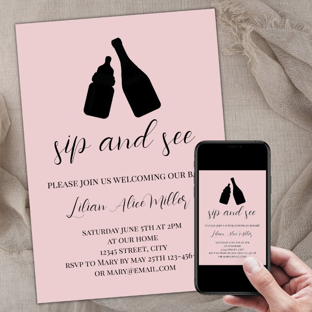 Sip och se minimalistiskt  Rosa babykläder Inbjudningar (Sip and see invitation baby girl, baby pink, baby bottle champagne, minimalist modern elegant)