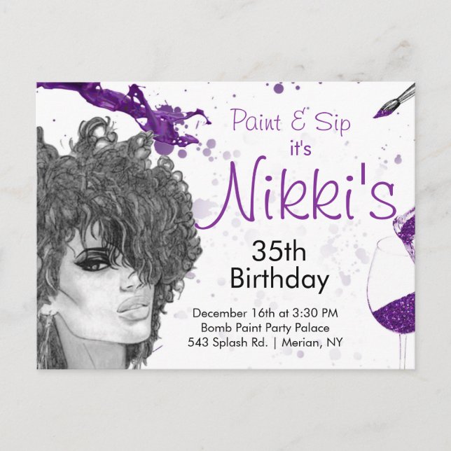 Sip & Paint Birthday Invite Inbjudan Vykort (Framsida)