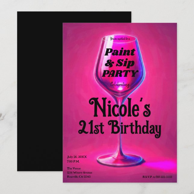 Sip & Paint Rosa Vin Glass 21:a födelsedagen Party Inbjudningar (Fram/baksida)