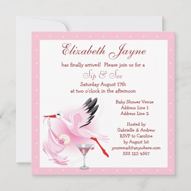Sip & se Stork Delivery Baby Rosa Baby Shower Inbjudningar (Framsida)