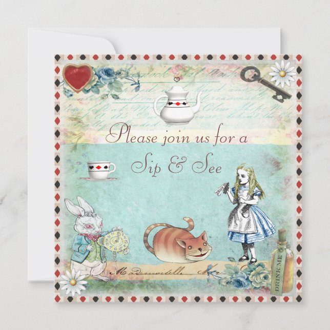Sip & Se Vintage Alice i underlandskuret Inbjudningar (Framsida)