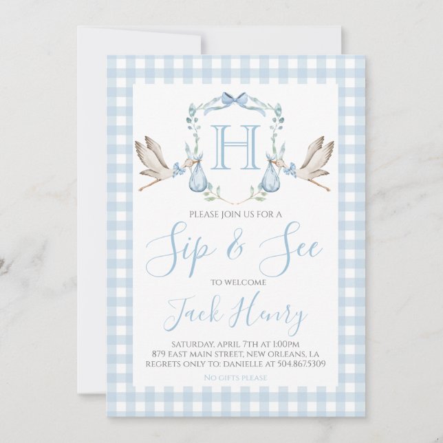 Sip & See Boy Stork Preppy Blue Gingham Inbjudningar (Framsida)