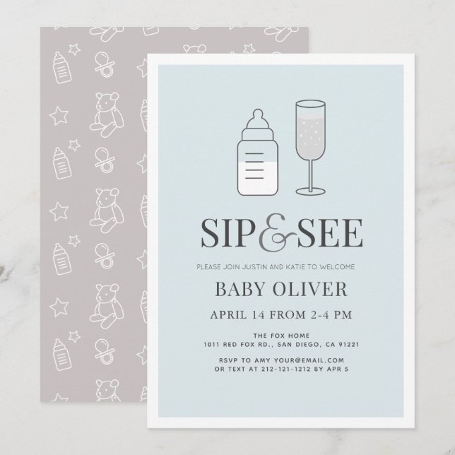 Sip & See Champagne Flaska Blue Baby Shower Inbjudningar (Fram/baksida)