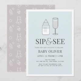 Sip & See Champagne Flaska Blue Baby Shower Inbjudningar