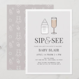 Sip & See Champagne Flaska Grått Baby Shower Inbjudningar
