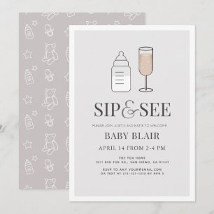Sip & See Champagne Flaska Grått Baby Shower Inbjudningar
