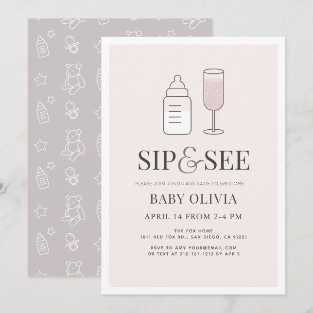 Sip & See Champagne Flaska Rosa Baby Shower Inbjudningar (Fram/baksida)