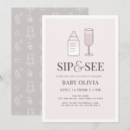 Sip & See Champagne Flaska Rosa Baby Shower Inbjudningar
