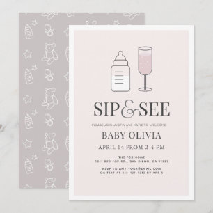 Sip & See Champagne Flaska Rosa Baby Shower Inbjudningar