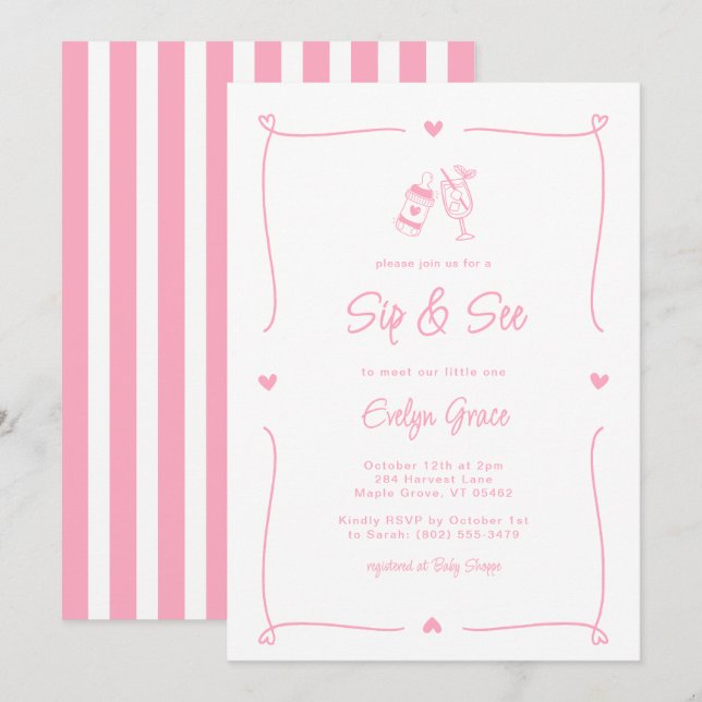 Sip & See Champagne Flaska Whimsical Rosa Girl Gir Inbjudningar (Fram/baksida)