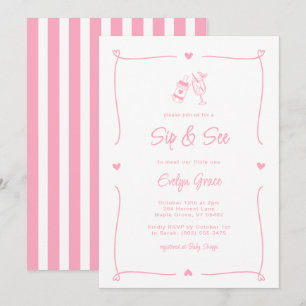 Sip & See Champagne Flaska Whimsical Rosa Girl Gir Inbjudningar