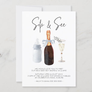 Sip & See Elegant Watercolor Blue Pojke Inbjudningar