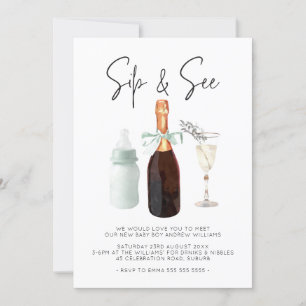 Sip & See Elegant Watercolor Grönt Pojke Inbjudningar