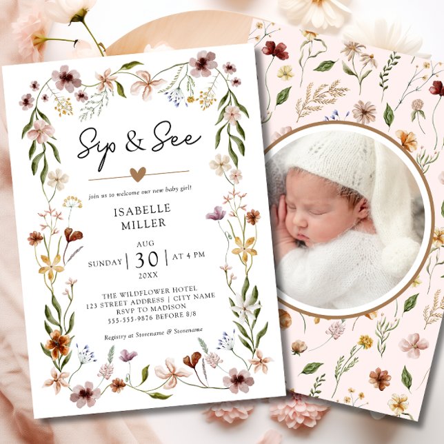 Sip & See Elegant Wildblomme Rosa Flicka Inbjudningar (Sip & See Elegant Wildflower Pink Baby Girl Invitation)