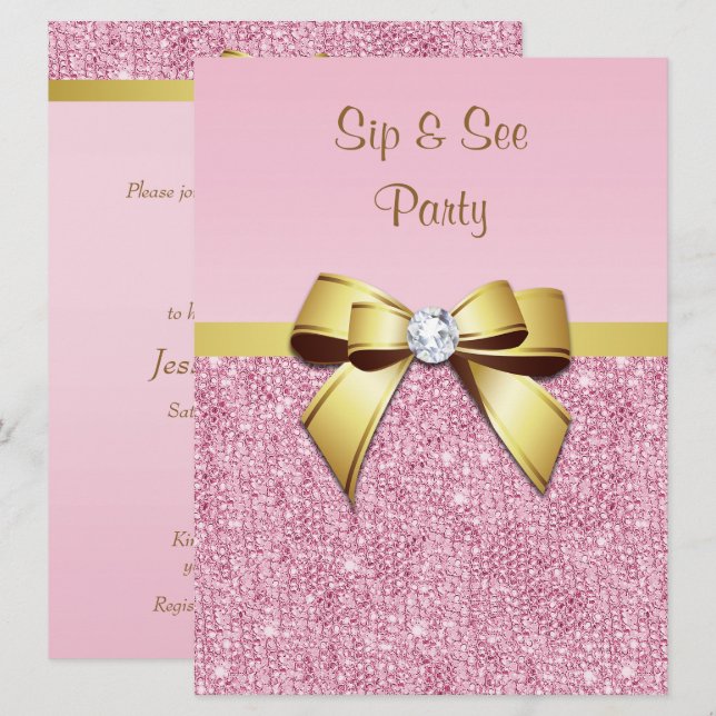 Sip & See Faux Rosa Sequins Guld Bow Inbjudningar (Fram/baksida)