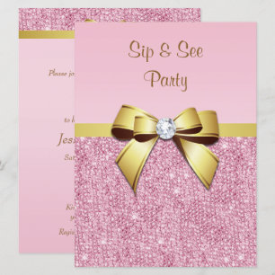 Sip & See Faux Rosa Sequins Guld Bow Inbjudningar