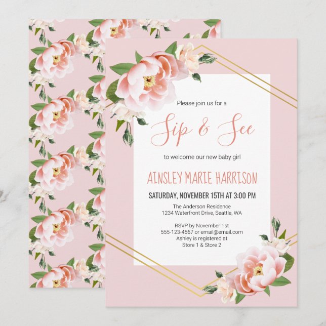 Sip & See Flicka  Blommigt Baby Shower Inbjudningar (Fram/baksida)