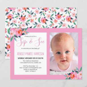 Sip & See Flicka Photo Rosa Blommigt Baby Shower Inbjudningar