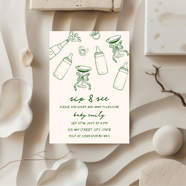 Sip & See hand Illustrated Grönt Pojke Inbjudningar (sip & see baby boy hand illustrated green invitation)