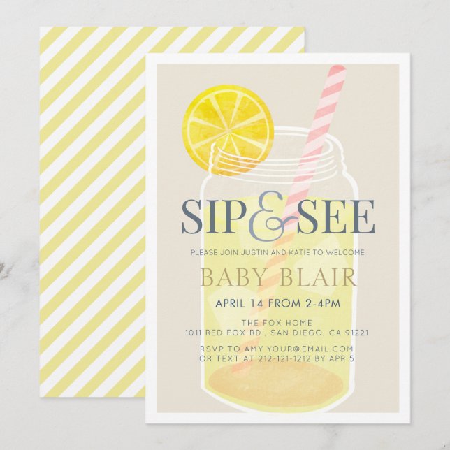 Sip & See Lemonade Mason Burk Beige Baby Shower Inbjudningar (Fram/baksida)