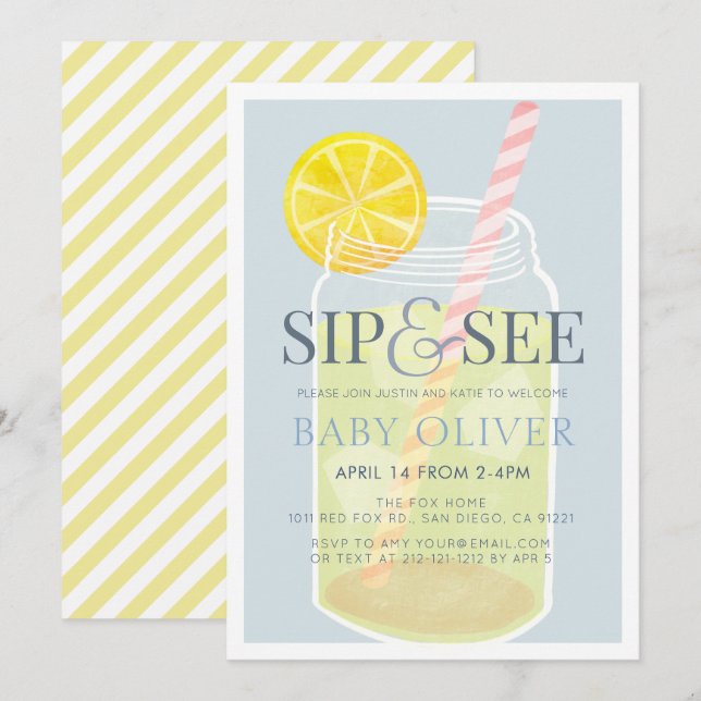 Sip & See Lemonade Mason Burk Blue Baby Shower Inbjudningar (Fram/baksida)