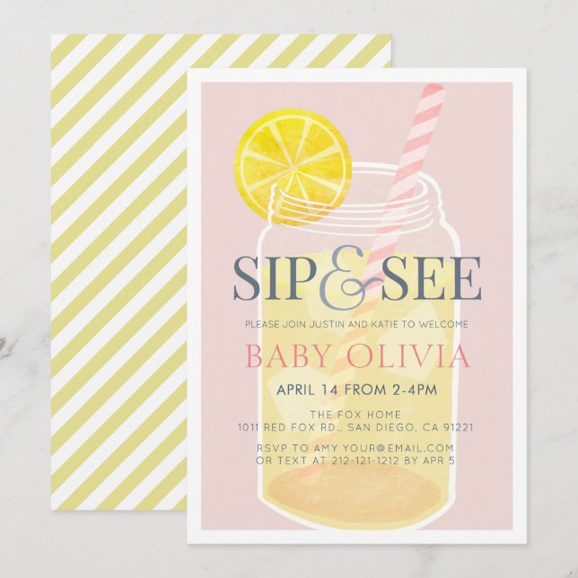 Sip & See Lemonade Mason Burk Rosa Baby Shower Inbjudningar (Fram/baksida)