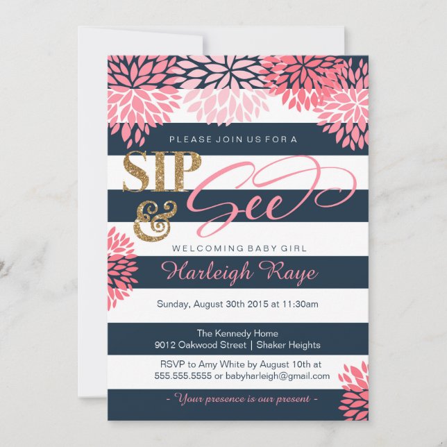 Sip & See Navy Blue and Rosa Glitter Baby Shower Inbjudningar (Framsida)