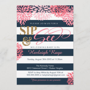 Sip & See Navy Blue and Rosa Glitter Baby Shower Inbjudningar