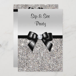 Sip & See Party Silver Sequins Black Bow Inbjudningar