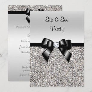 Sip & See Party Silver Sequins Black Bow Inbjudningar