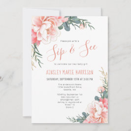 Sip & See  Rosa Guld Blommigt Girl Baby Shower Inbjudningar