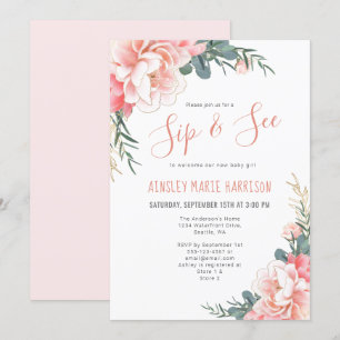 Sip & See Rosa Guld Blommigt Girl Baby Shower Inbjudningar